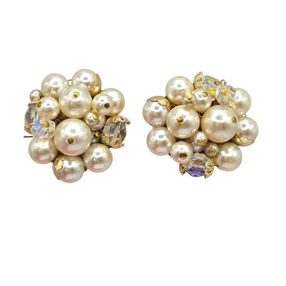 Earrings Japan Vintage Aurora Borealis Clustered White Beaded Clip On SKU 3195